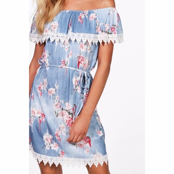 Floral Denim Loom Off The Shoulder Dress - Picture 2 of 8